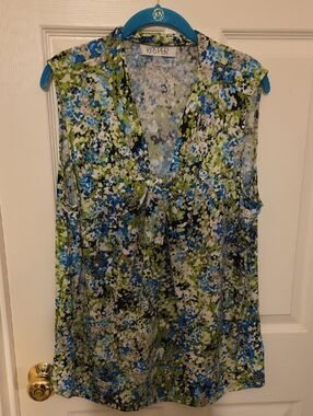Kasper Blue, Green & Black Floral Tie-Neck Sleeveless Top